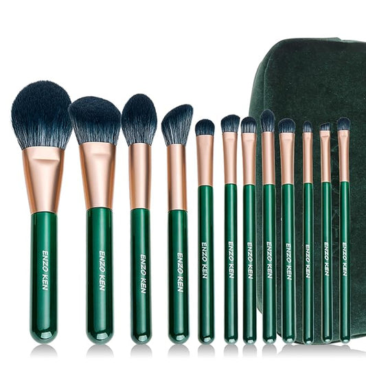 Natural Fiber & Goat Hair Makeup Brush Set Professional, Combined Hair Makeup Brushes Set with Case by Luxury ENZO KEN, Emerald Green Cosmetic Brushes Makeup Set, Natural Bristle Makeup Brushes.