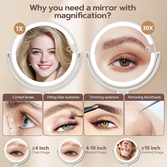 MIYADIVA Makeup Mirror with Lights, 30X Magnifying Mirror with 2-Sided Switch, Vanity Mirror with 3 Colors and Adjustable Brightness, 80 LEDs, Ideal Gift for Daily Makeup and Skincare, 8.8 Inches