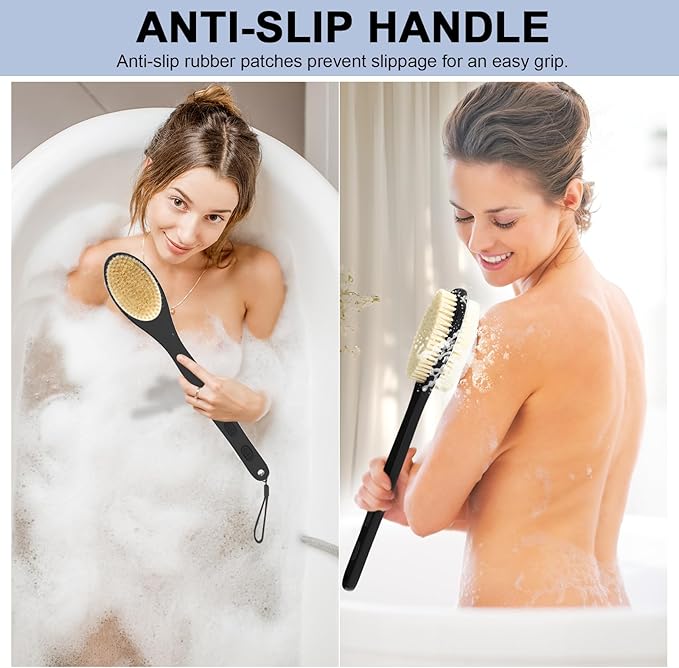 Back Scrubber, Back Scrubber for Shower, Bath Brush Long Handle for Shower with Double Sided Bristles for Wet or Dry Brushing (Black)
