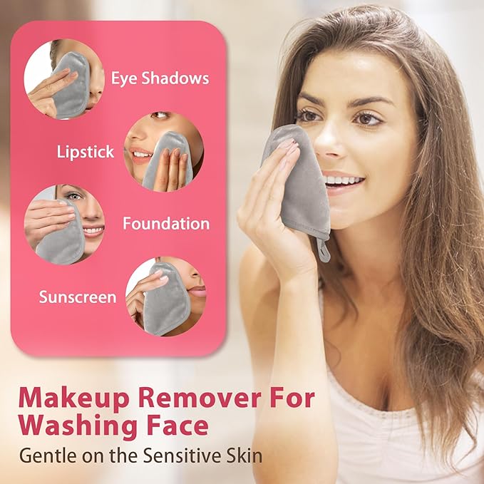 Makeup Remover Cloth, 6" x 6" Make Up Towels Reusable Face Cloth for Washing Face, 12 Pack Makeup Remover Pads Microfiber Face Washcloth with Mesh Bag, Light Grey