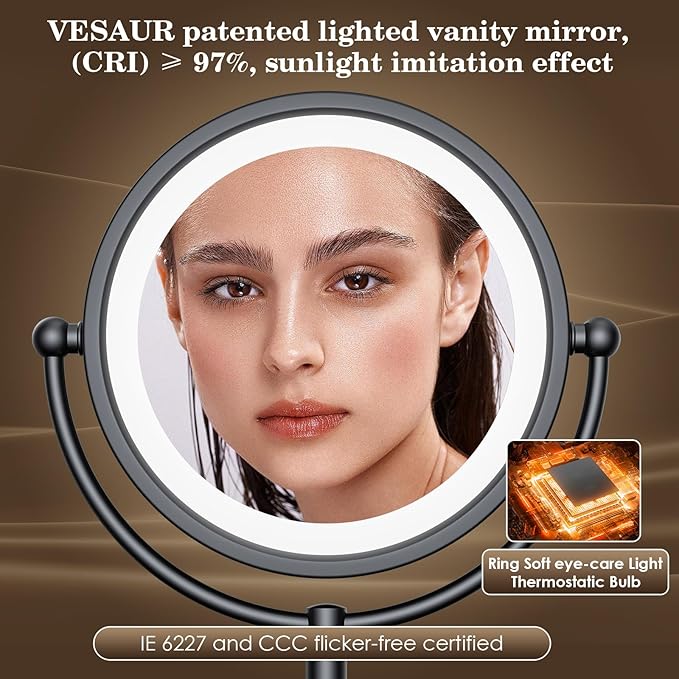 VESAUR Professional 8.5" Lighted Makeup Mirror, 1X/10X Double Sided HD Undistorted Magnifying Mirror with 3 Color 90 Dimmable LED lights, 360° Rotation Vanity Mirror, Unique Black Nickel with Gift Box