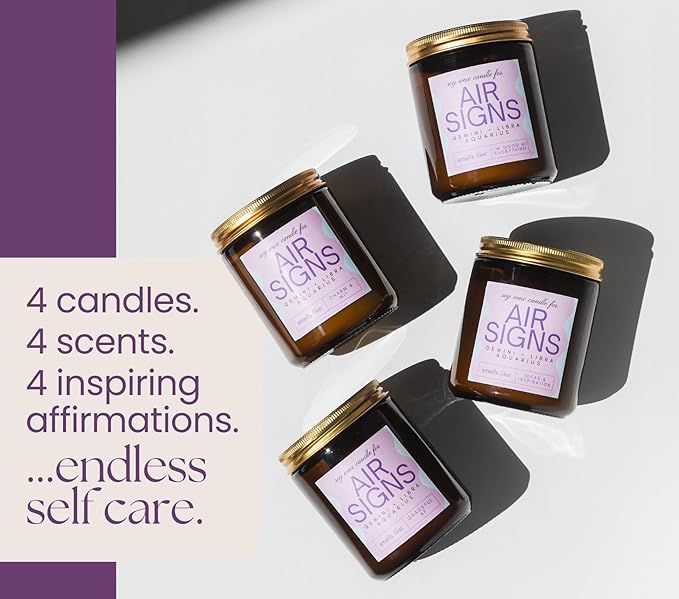 Aquarius, Gemini, Libra Gifts for Women - Wood Wick Candles, 4 Pack Small Candles Set for Women. 6oz Natural Soy Wax, Scented Aromatherapy Set for Home. Zodiac Astrology Birthday Spiritual Gifts