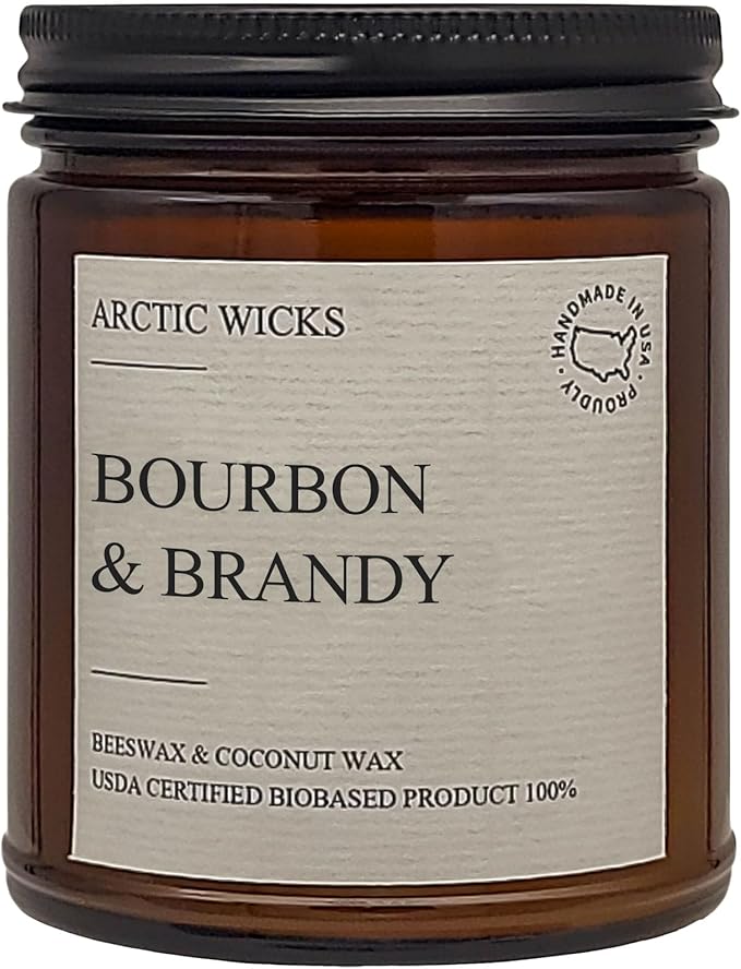 Arctic Wicks Scented Coconut Beeswax Candles | Coconut Beeswax Non Toxic Candle 9oz Amber | Farmhouse Candles Non-Toxic Clean Burn 100% USDA Certified Biobased (Bourbon & Brandy)