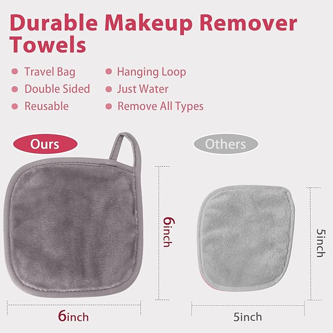 Makeup Remover Cloth, 6" x 6" Make Up Towels Reusable Face Cloth for Washing Face, Makeup Remover Pads Microfiber Face Washcloth with Mesh Bag, Just Water, 12 Pack, Cool Grey