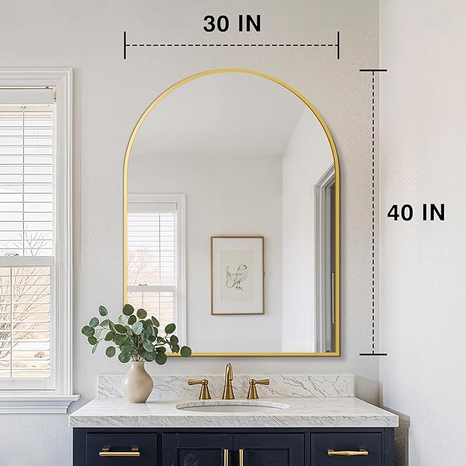 FICTOR Bathroom Vanity Mirror for Wall,40”x30” Large Arched Metal Framed Bathroom Mirror for Over Sink, Entryway, Living Room & Bedroom(Gold)