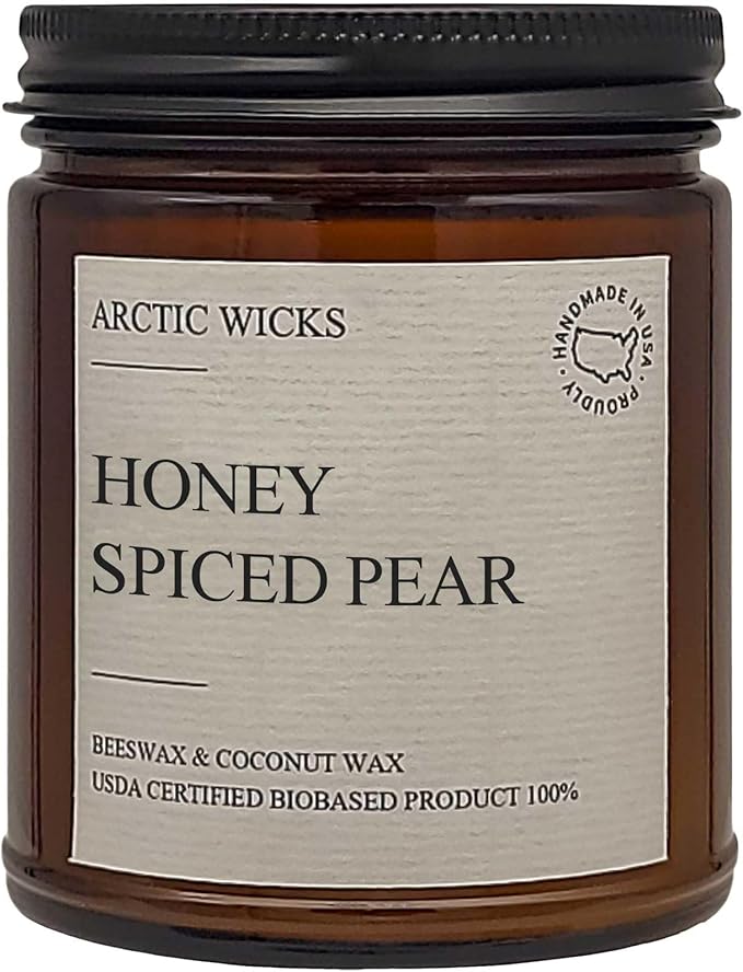 Arctic Wicks Scented Coconut Beeswax Candles | Coconut Beeswax Non Toxic Candle 9oz Amber | Farmhouse Candles Non-Toxic Clean Burn 100% USDA Certified Biobased (Honey Spiced Pear)