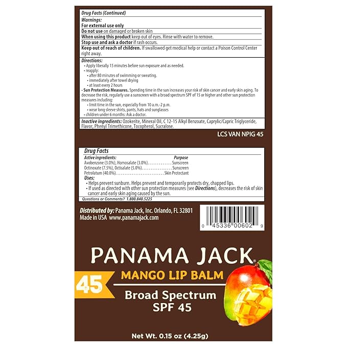 Panama Jack Sunscreen Lip Balm - SPF 45, Broad Spectrum UVA-UVB Sunscreen Protection, Prevents & Soothes Dry, Chapped Lips, Mango, 3-pack