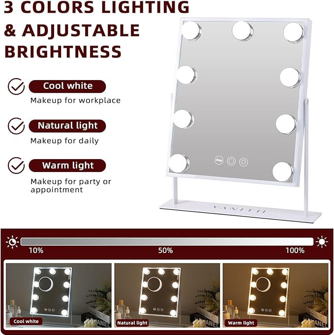 VANITII Vanity Mirror with Lights Hollywood Lighted Makeup Mirror with 9 Dimmable Bulbs Smart Touch Control 3 Colors Light for Bedroom, Detachable 10X Magnification, 360°Rotation