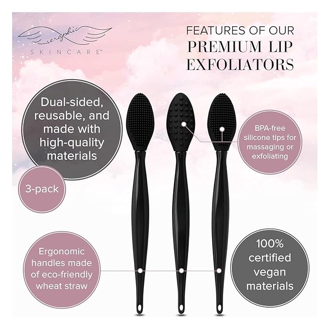 Seraphic Skincare Lip Exfoliator - Dual Sided BPA-Free Silicone Face Scrubber with Wheat Straw Handles - For Soft Lips, Dead Skin Removal & Lip Mask Application - Pore Cleaning Brush For Lips (3 Pack)