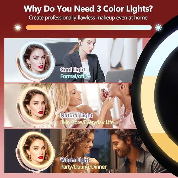 MIYADIVA Makeup Mirror with Lights,20X Magnifying Mirror with Light and Touch Switch,Vanity Mirror with 3 Color Light and 80 LEDs,2-Sided Lighted Magnified Mirrors 8.8 Inches, Pink