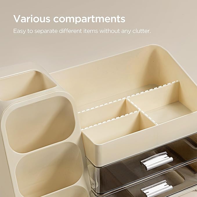 HBlife Makeup Organizer with Brush Holder for Vanity, Large Plastic Bathroom Countertop Organizer Skin Care Storage, Easy to Store Lipsticks, Nail Polishes, Perfumes, Eyeshadow Palettes, Beige