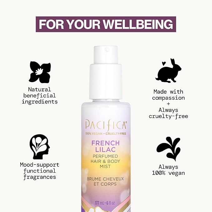 Pacifica French Lilac Perfumed Hair & Body Mist, Alcohol-Free Spray Designed For Head-To-Toe Wear, Vegan & Cruelty-Free, 6 Fl Oz