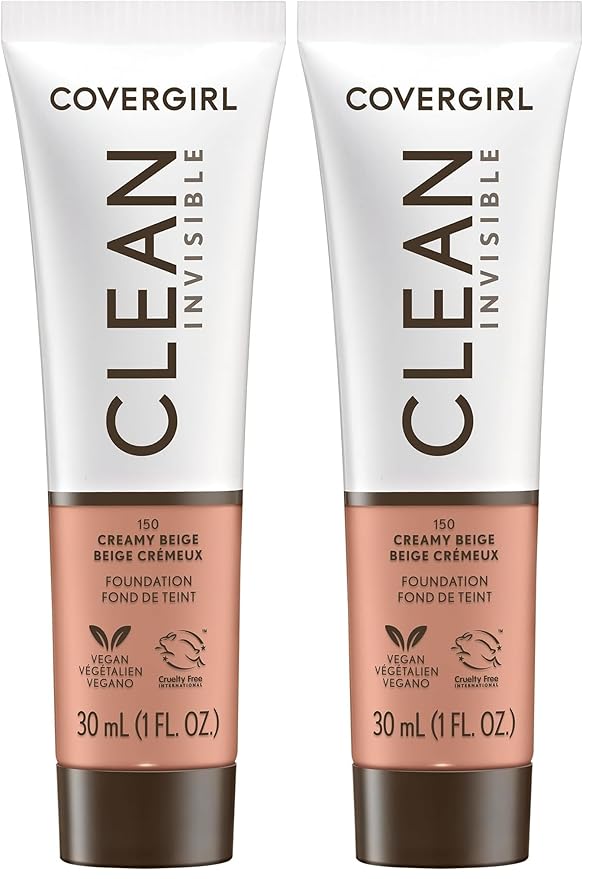 COVERGIRL Clean Invisible Foundation Makeup, Dewy & Glowy Natural Finish, Buildable Coverage, Skin-Like Smooth Look, Vegan, Creamy Beige, 1oz (Pack of 2)