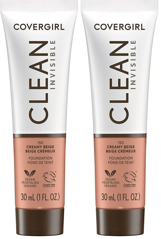 COVERGIRL Clean Invisible Foundation Makeup, Dewy & Glowy Natural Finish, Buildable Coverage, Skin-Like Smooth Look, Vegan, Creamy Beige, 1oz (Pack of 2)