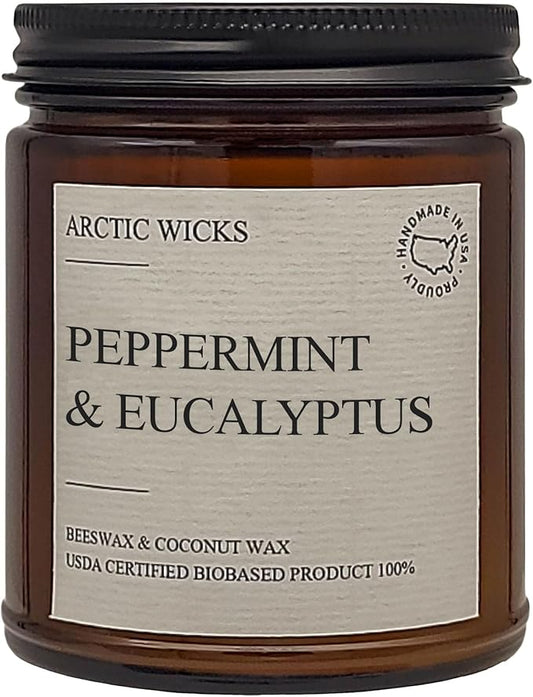 Arctic Wicks Scented Coconut Beeswax Candles | Coconut Beeswax Non Toxic Candle 9oz Amber | Farmhouse Candles Non-Toxic Clean Burn 100% USDA Certified Biobased (Peppermint & Eucalyptus)