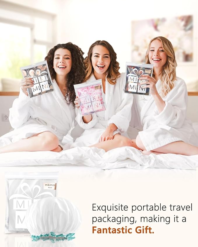 mikimini White Shower Cap for Women and Girls 2 Pack,Double Waterproof, Reusable,Washable, Super Cute and Soft,Comfortable
