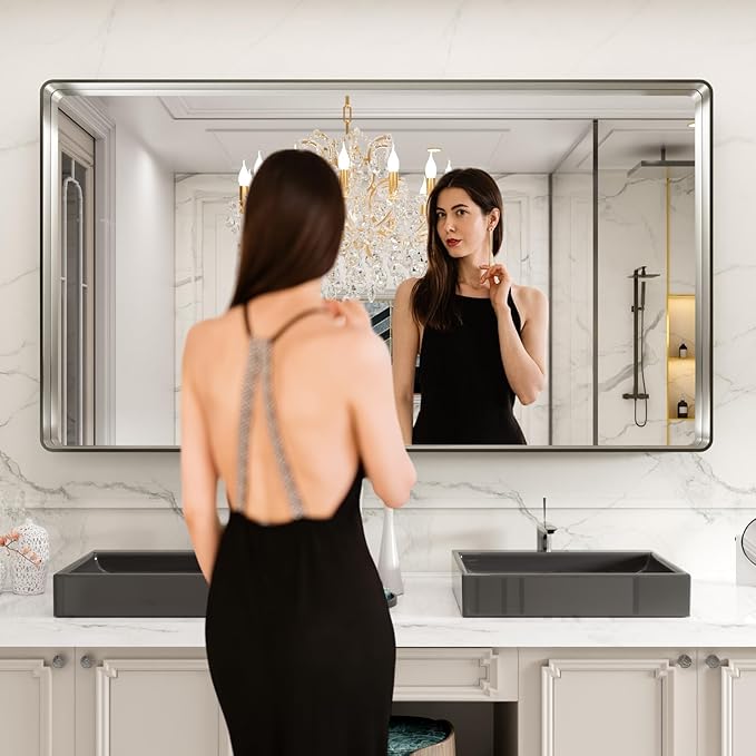 LOAAO 72X40 Inch Brushed Nickel Bathroom Mirror, Rounded Rectangle Silver Metal Frame Mirror, Brushed Nickel, Anti-Rust, Hangs Horizontally or Vertically