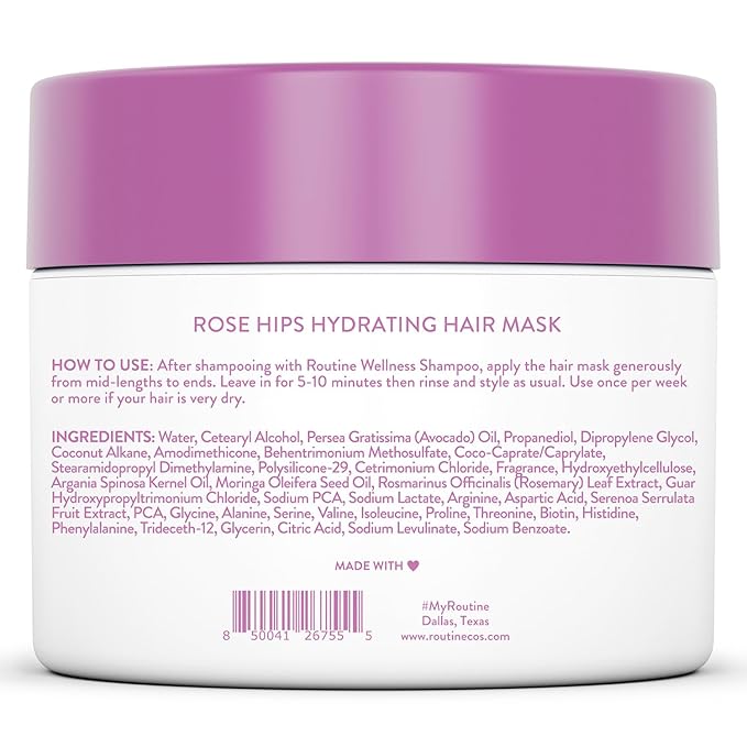 Routine Wellness Deep Conditioning Hair Mask for Dry Damaged Hair - Hydrating, Moisturizing Repair Treatment - Promotes Volume - Rose Hips 8oz
