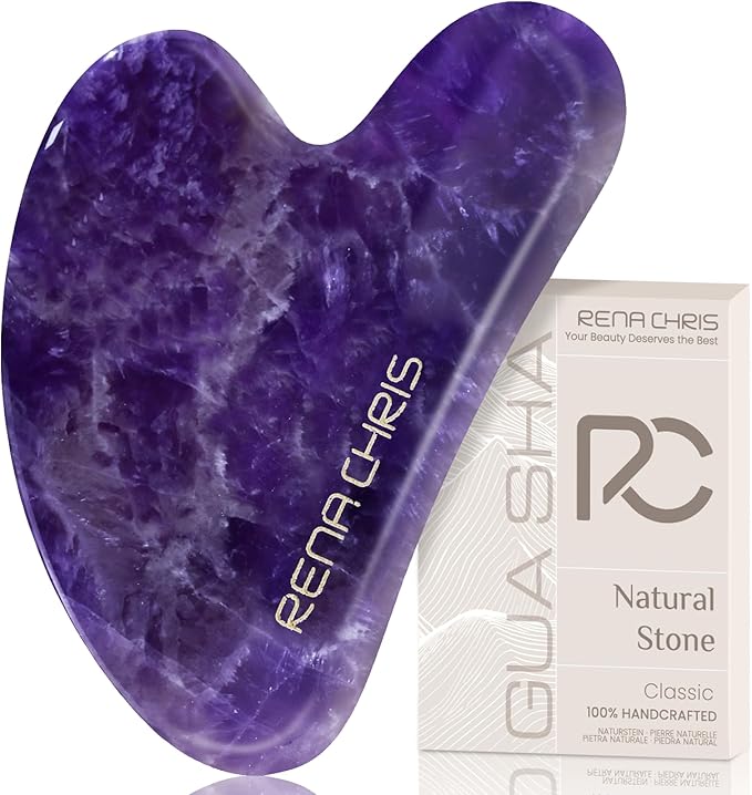 Rena Chris Gua Sha Facial Tools: Natural Amethyst Guasha Tool for Face Acupuncture Therapy, Facial Massager for Jawline Sculpting and Puffiness Reducing (Purple)