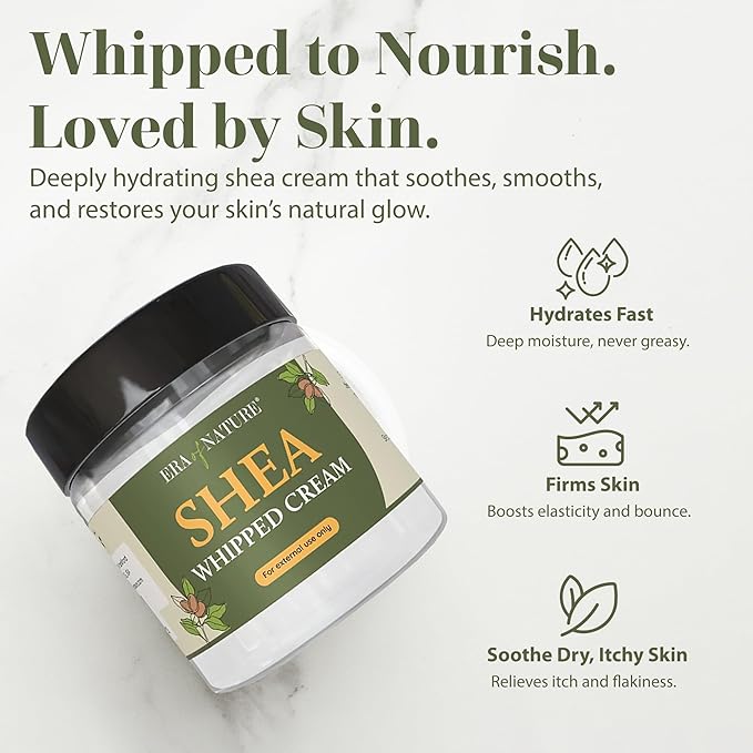 era of nature Shea Butter Whipped Body Cream for Women 8oz - Lightweight Whipped Lotion - Non-Greasy Body Butter Cream Lotion & Balm Moisturizer for Face, Hair & Dry Skin, Vegan Skincare