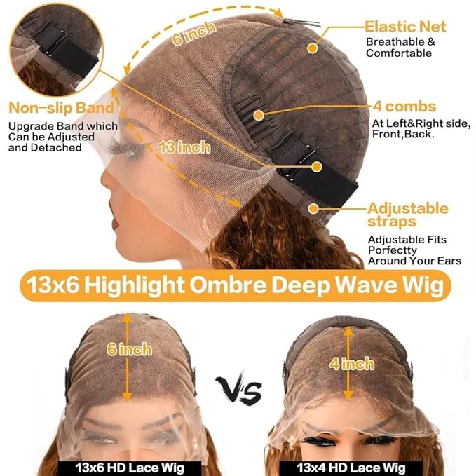 Highlight Ombre Lace Front Wigs Human Hair Honey Blonde Deep Wave 13x6 HD Transparent Lace Frontal Wigs Human Hair P4/27 Colored Curly Wig for Women 180% Density Glueless Pre Plucked 34 Inch Wig