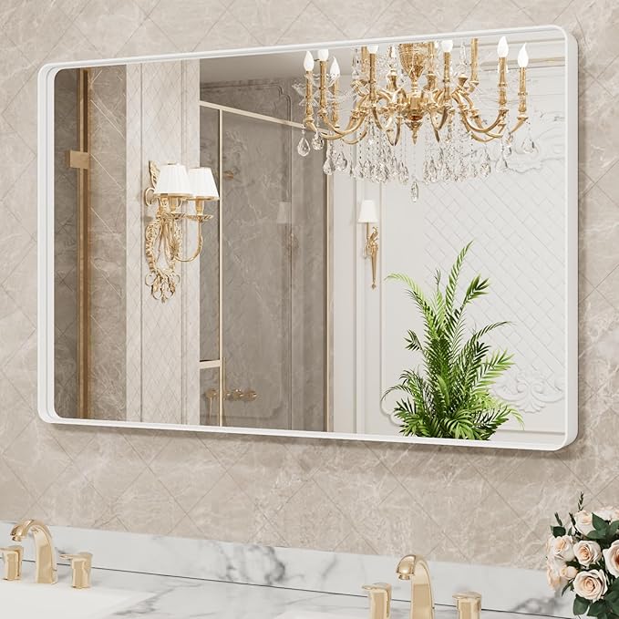 LOAAO 48x30 Inch White Metal Framed Bathroom Mirror for Wall, White Bathroom Vanity Mirror Farmhouse, Large Rounded Rectangle Mirror, Anti-Rust, Tempered Glass, Hangs Horizontally or Vertically