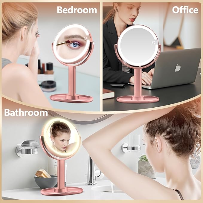 MIYADIVA Makeup Mirror with Lights,20X Magnifying Mirror with Light and Touch Switch, 2-Sided Vanity Mirror with 3 Colors and 80 LEDs, Metallic Rose Gold