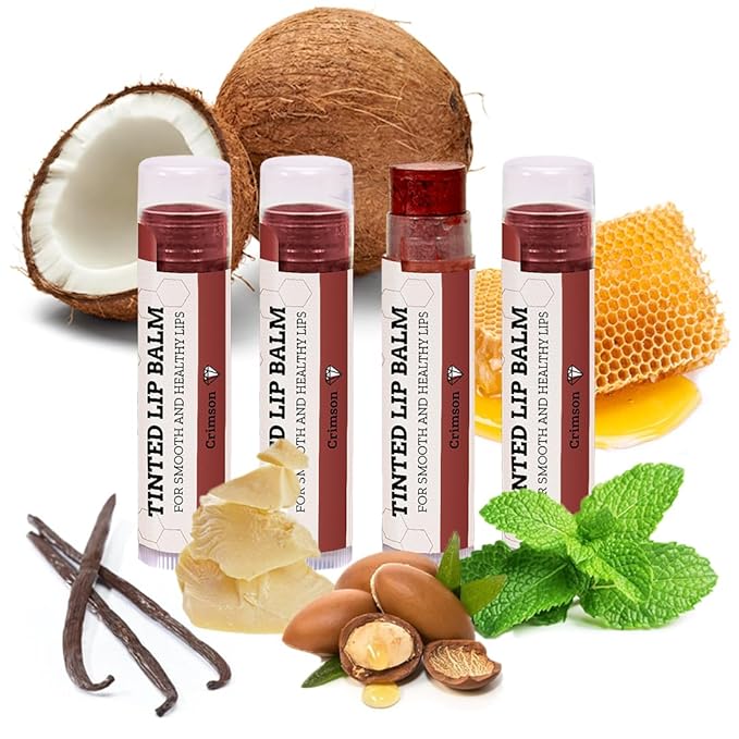 Earth's Daughter Tinted Lip Balm Crimson Color Stocking Stuffers 4-pack, Beeswax, Coconut Oil, Cocoa Butter, Vitamin E, Moisturize and Beautify - Paraben Free