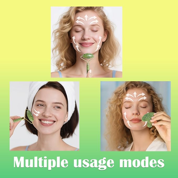 Natural Jade Roller & Gua Sha Set for Face, Facial Massager Tool for Skin Tightening, Anti-Aging, Puffiness Relief, Lymphatic Drainage - Spa Skincare Gift Set for Women