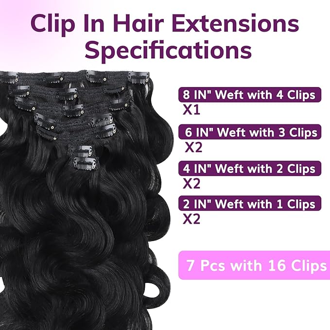 IDN BEAUTY Clip In Hair Extensions Real Human Hair, Body Wave 24 Inch 120g 7pcs Natural Black Remy Virgin Human Hair Clip Ins Real Human Hair Black Women Body Wave Clip Ins Human Hair Thick