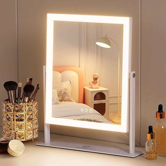 FENCHILIN Vanity Mirror with Lights 11.8" x 9.8",Lighted Makeup Mirror and Hollywood Mirror with Smart Touch Control 3 Colors Dimmable LED Light, 360°Rotation 10X Magnification(White)