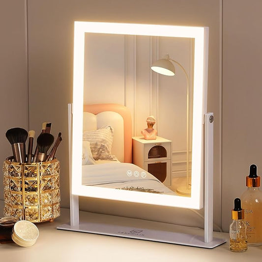 FENCHILIN Vanity Mirror with Lights 11.8" x 9.8",Lighted Makeup Mirror and Hollywood Mirror with Smart Touch Control 3 Colors Dimmable LED Light, 360°Rotation 10X Magnification(White)