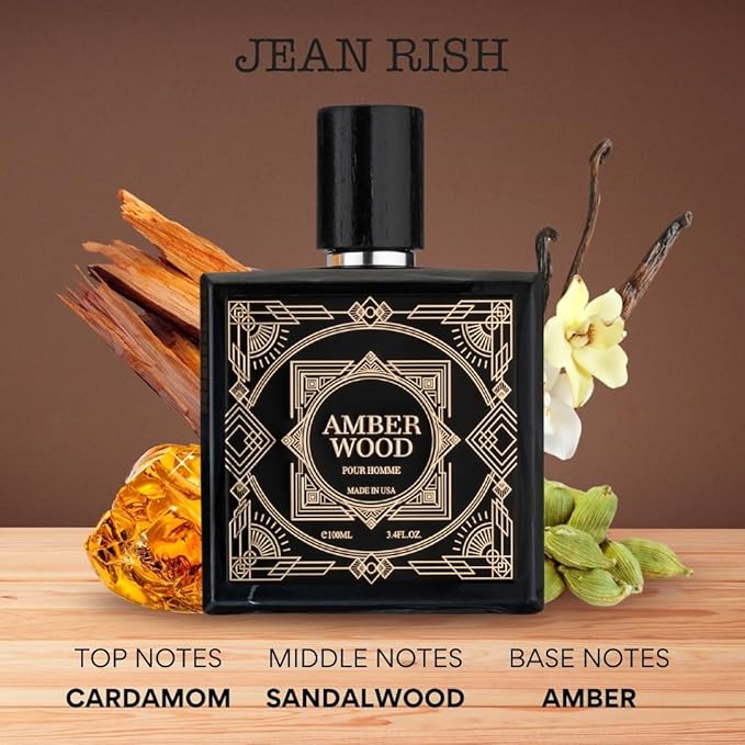Jean Rish Amber Wood Eau De Toilette - Perfume for Men (3.4 Fl Oz / 100ml) with Cardamom, Sandalwood & Tonka Bean Notes - Long Lasting and Luxury Fragrance