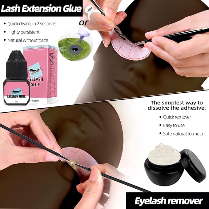 Lash Extension Kit Professional Eyelash Extensions Practice Set with Mannequin Head Removable Eyelids USB Lash Fan Individual False Eyelash Shampoo Brush Glue Practical Tools for Beginners