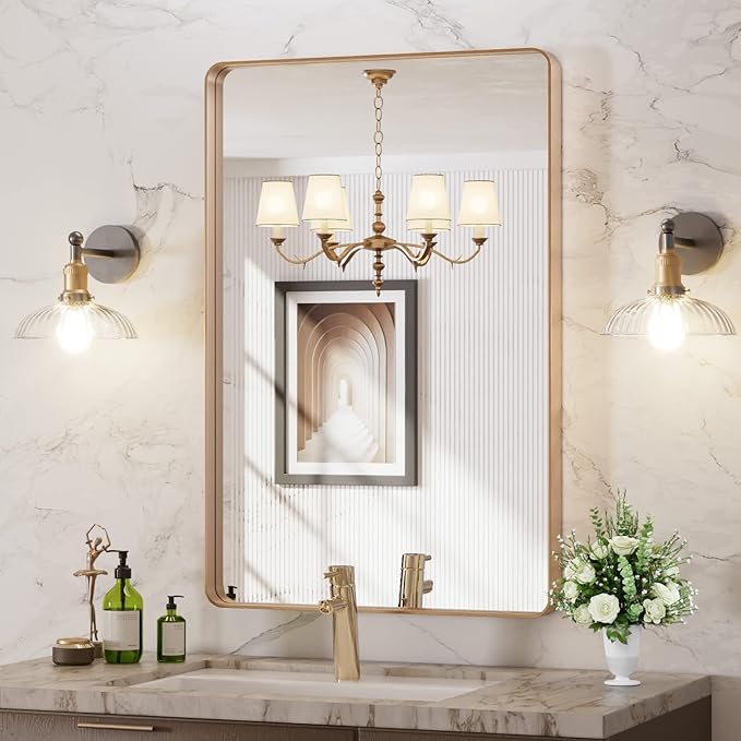 LOAAO 24”X36” Gold Bathroom Mirror, Rounded Rectangle Gold Frame Mirror, Brushed Gold Bathroom Vanity Mirror Wall-Mounted, Anti-Rust, Hangs Horizontally or Vertically