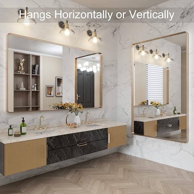 LOAAO 60”X36” Gold Bathroom Mirror, Rounded Rectangle Gold Frame Mirror, Brushed Gold Bathroom Vanity Mirror Wall-Mounted, Anti-Rust, Tempered Glass, Hangs Horizontally or Vertically