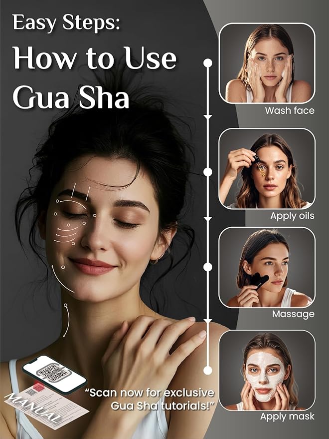 Rena Chris Gua Sha Facial Tools: Natural Obsidian Guasha Tool for Face Acupuncture Therapy, Facial Massager for Jawline Sculpting and Puffiness Reducing (Black)