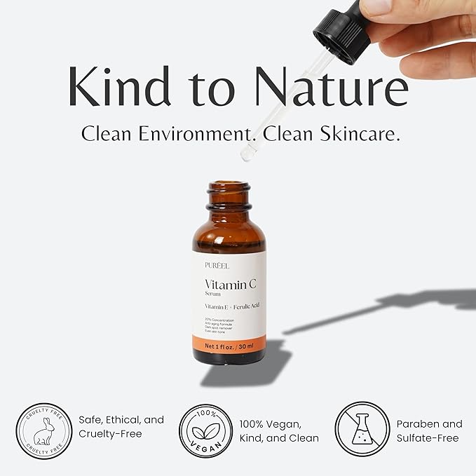 Puréel 20% Vitamin C Serum for Face – Brightening Serum with Vitamin E & Ferulic Acid – Anti-Aging, Dark Spot Remover, Even Skin Tone, Wrinkle Reduction & Radiant Glow – 1 fl oz
