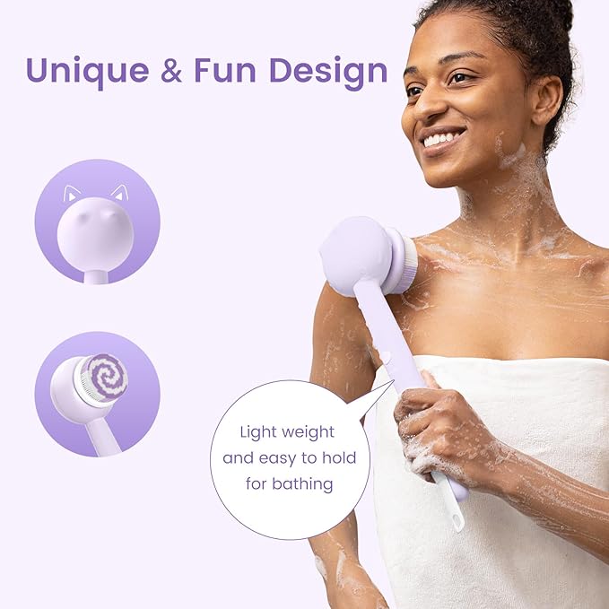Electric Back Scrubber for Shower Body Brush, Waterproof Shower Body Scrubber for Cleansing, Massaging, Rechargeable Spinning Bath Brush for Kids with 2 Heads & 3 Speed Modes, Taro Purple XY0