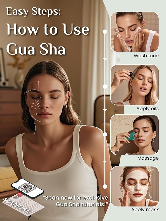 Rena Chris Gua Sha Facial Tools: Natural Jade Stone Guasha Tool for Face Acupuncture Therapy, Facial Massager for Jawline Sculpting and Puffiness Reducing (Green)