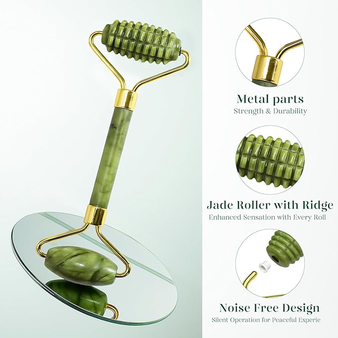 BAIMEI IcyMe Gua Sha and Jade Roller for Face, Natural Jade Face Roller with Ridge Design for Reducing Puffiness & Skin Firming,Facial Sculpting Tool, Self Care Gift for Women Men