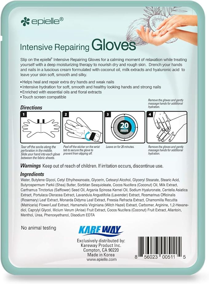 Epielle Intensive Repairing Hand Masks 6 Pairs, Deep Moisturizing Gloves for Dry, Cracked Hands, Repair with Coconut Oil & Milk Extract, Korean Skin Care, Spa Set, Self Care Gifts for Women