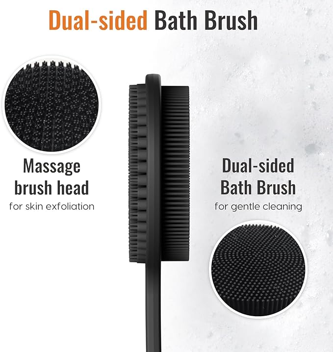 VWMYQ Silicone Back Scrubber, 17in Long Handle Body Brush, Double Sided Shower Brush for Exfoliating and Massage, Long Handle Back Scrubber for Men