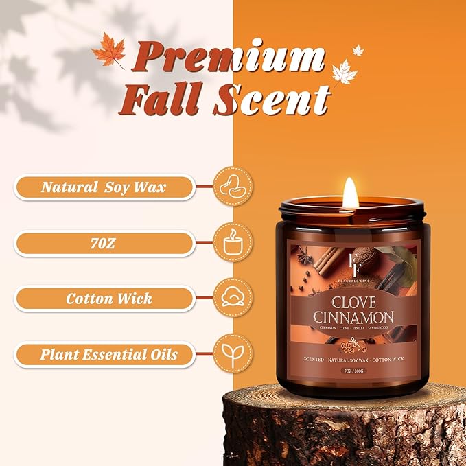Fall Candle, Clove Cinnamon Scented Candles for Home, Natural Soy Autumn Candle Aromatherapy Candle, 7 oz Jar Candles Fall Gifts for Women Men