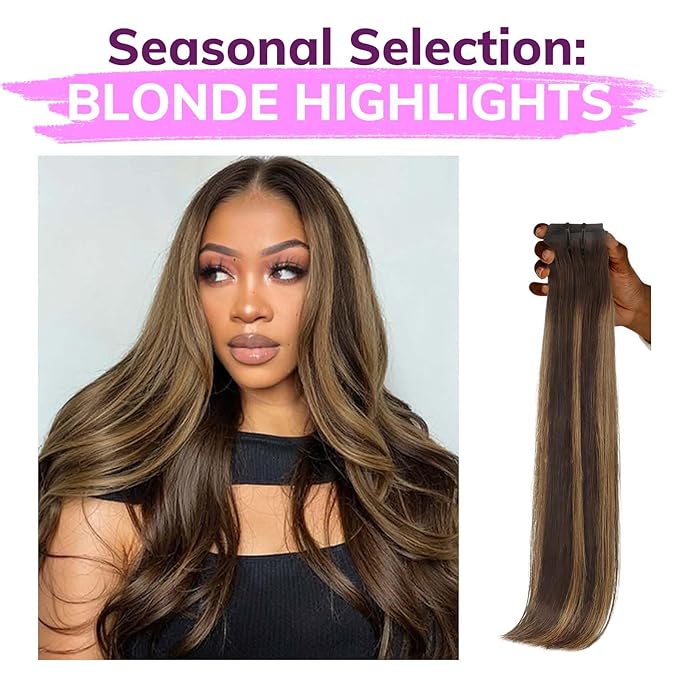 IDN BEAUTY Seamless Clip In Hair Extensions Human Hair 4/27/4 Balayage Chocolate Brown to Caramel Blonde Straight Seamless Clip Ins For Black Women PU Weft Invisible Edge 110g 14 Inch 7pcs