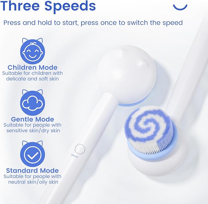 Electric Back Scrubber for Shower Body Brush, Waterproof Shower Body Scrubber for Cleansing, Massaging, Rechargeable Bath Brush for Kids with 2 Heads & 3 Speed Modes, Coconut Milk White XY0