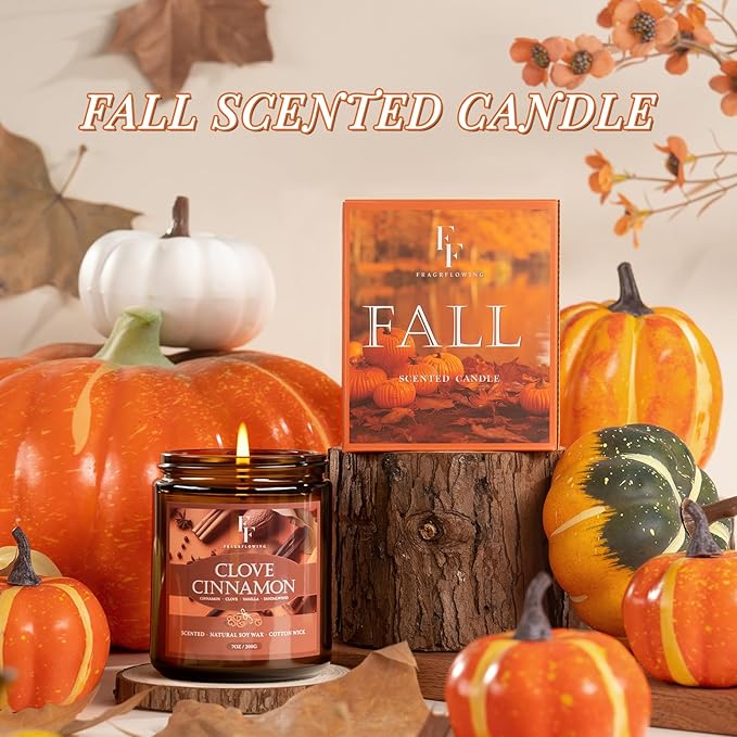 Fall Candle, Clove Cinnamon Scented Candles for Home, Natural Soy Autumn Candle Aromatherapy Candle, 7 oz Jar Candles Fall Gifts for Women Men