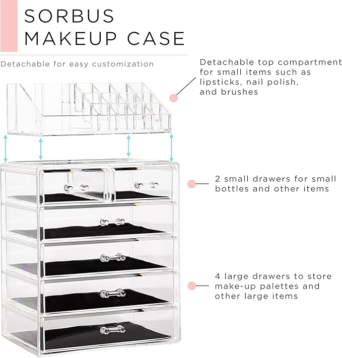 Sorbus Acrylic Makeup Organizer Set, 6-Drawer Vanity & Countertop Cosmetic Storage with Small & Wide Compartments, Clear Makeup Storage for Brushes, Lipsticks, Jewelry – Holiday Gift for Women & Teens