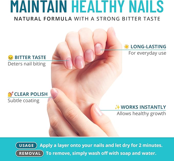Stop Nail Biting Treatment - Clear, Bitter-Tasting Nail Polish To Stop Nail-Biting - Easy To Apply and Safe For Children - Nail Strengthener Solution - Nail Care for Healthy Nail Growth (0.5 fl oz)