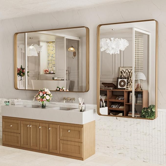 LOAAO 55X30 Inch Bathroom Mirror with Wood Grain Colored Metal Frame, Rounded Rectangle Metal Framed Bathroom Mirror, Anti-Rust, Hangs Horizontally or Vertically, Tempered Glass